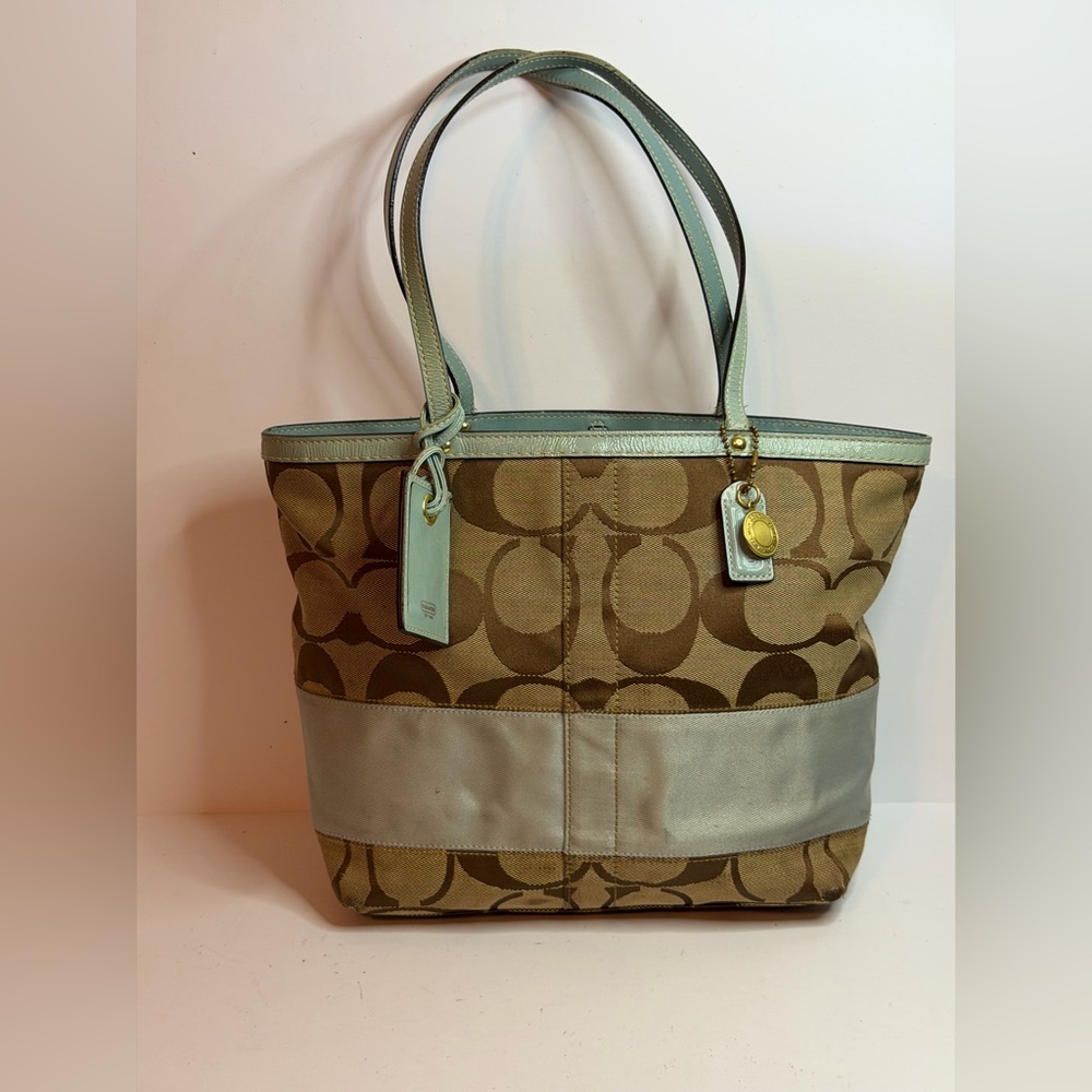 Coach Signature Stripe Tote Bag in Khaki Canvas with a Light Blue Leather Trim